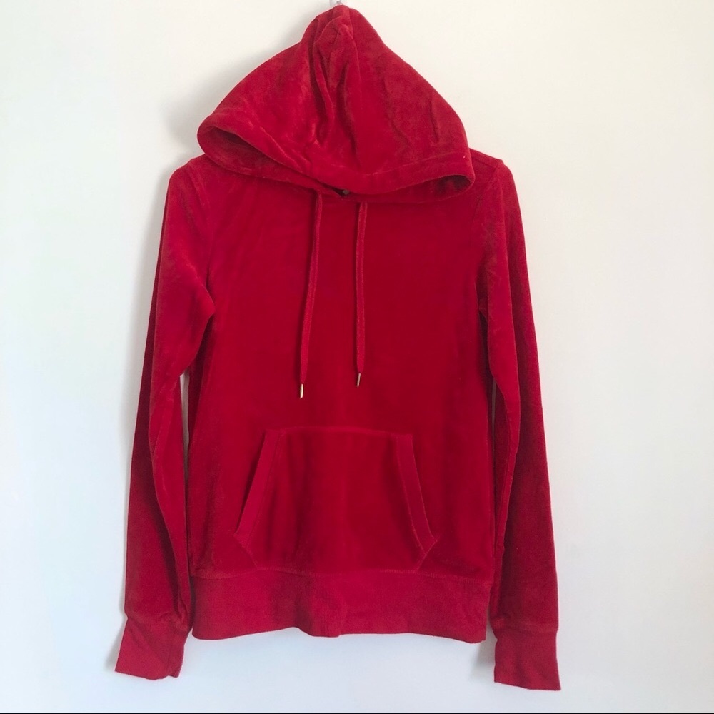 L.O.G.G. H&M Red Velour Pullover Hoodie Womens Size XS Holiday Lounge Y2K Winter